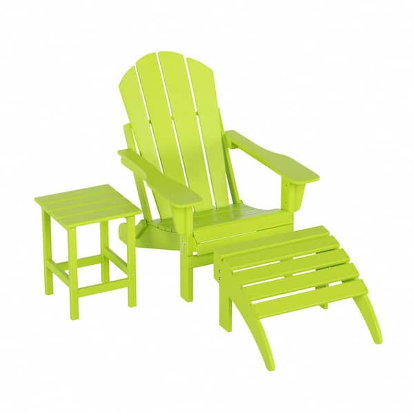 Laguna Classic Outdoor Patio Plastic Foldable Adirondack Chair with Ottoman and Side Table Set (3-Piece), Lime