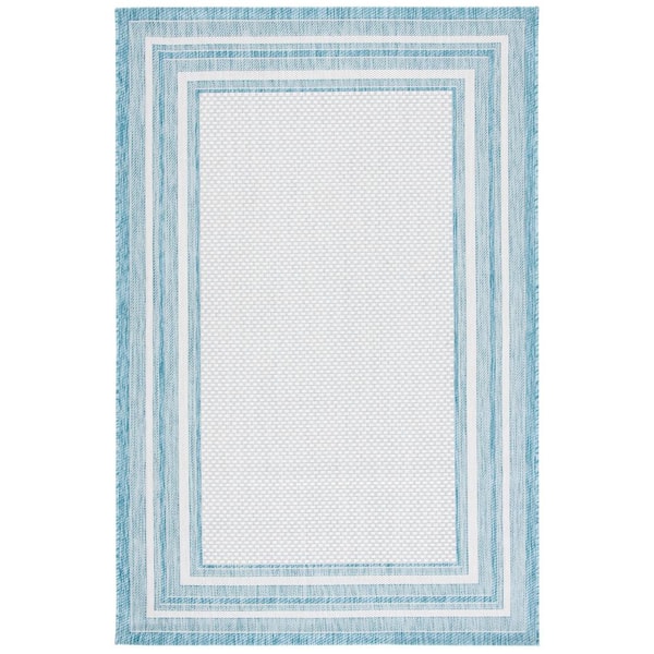 Courtyard Ivory/Aqua 10 ft. x 14 ft. Solid Color Striped Indoor/Outdoor Area Rug