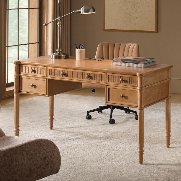 Roland 55 in. Rectangular Teak Desk with Charging Station and Cable Management