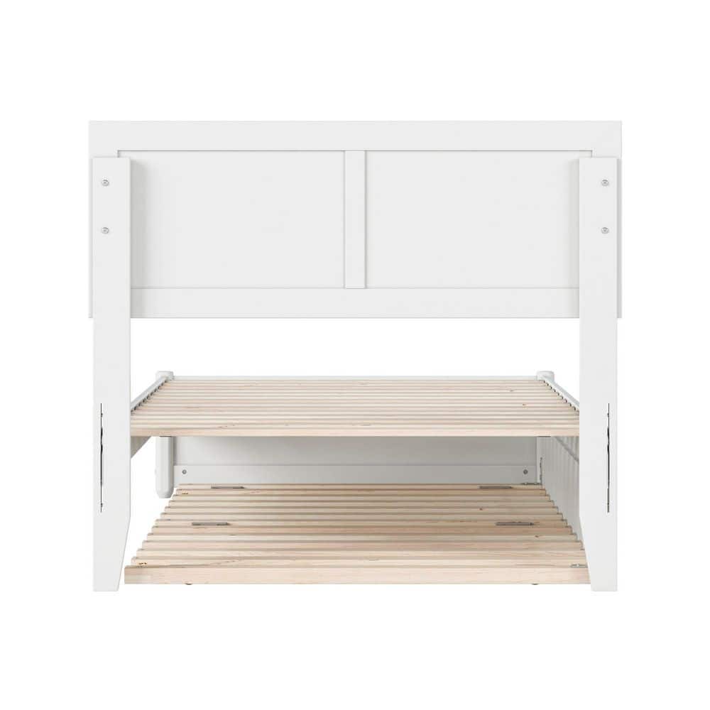 Detail of the wooden slat base of the bed frame.