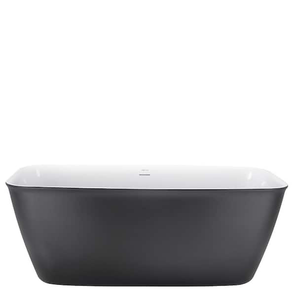 Mokleba 58.5 in. Acrylic Flatbottom Tub Rectangular Center Drain Not Whirlpool Freestanding Tub Soaker Bathtub in Matte Gray