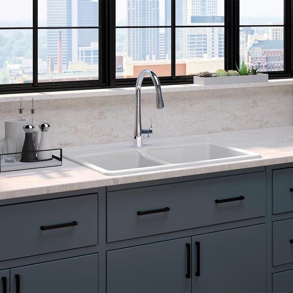 Brookfield Drop-In Cast Iron 33 in. Double Bowl Kitchen Sink in White with Simplice Kitchen Faucet