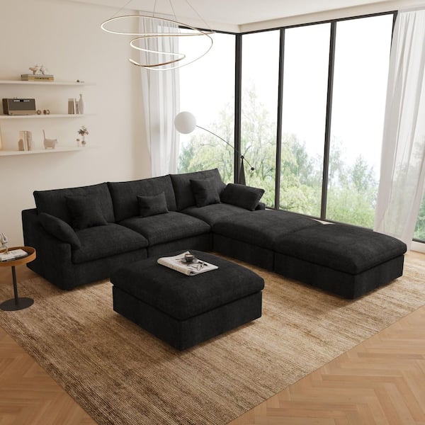 119 in. W Square Arm Linen Upholstered Rectangle 3-Seater Sectional Sofa with 3-Ottoman in Black