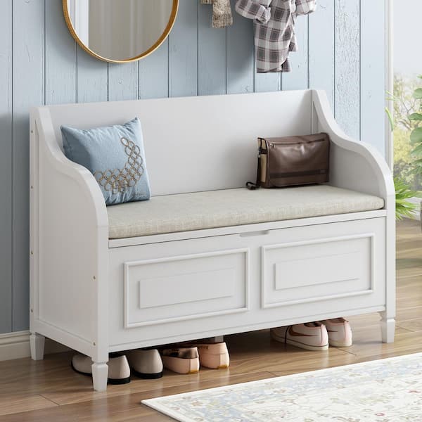 Harper & Bright Designs White Dining Bench Back with Hidden Storage Space and Safety Hinge 42 in.
