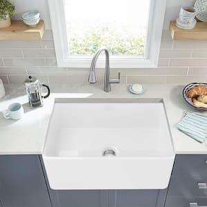 33 in. White Fireclay Single Bowl Farmhouse Apron Kitchen Sink With Bottom Grid and Drain