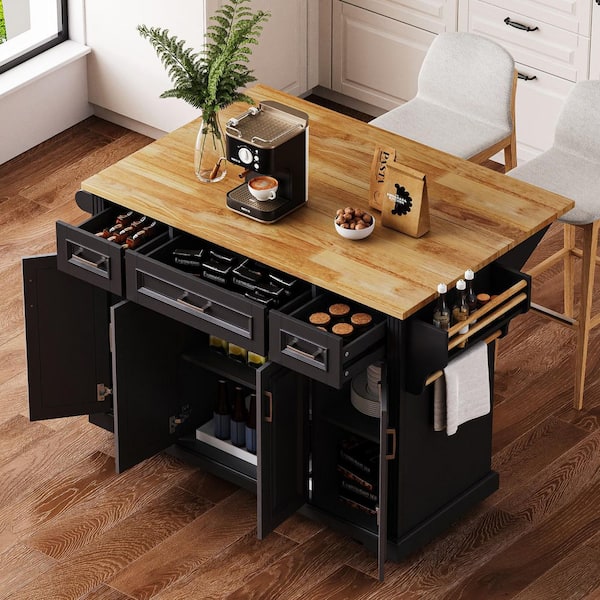 Runesay Rustic Coastal Black Wood 54 in. Rubber Wood Drop Leaf Rolling Kitchen Island with 4-Door and 3-Drawer
