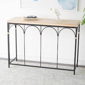 43 in. Black Rectangle Wooden Arched Console Table with Wood Zig Zag Patterned Top and Rattan Accents