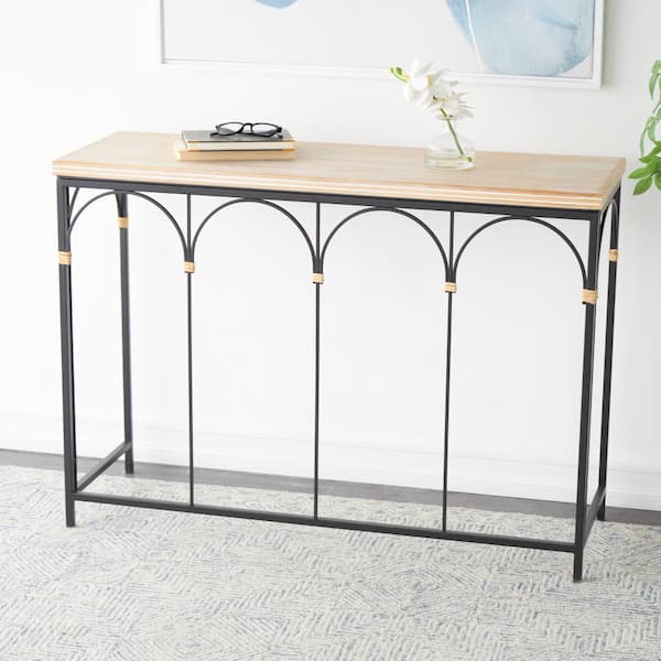 Litton Lane 43 in. Black Rectangle Wooden Arched Console Table with Wood Zig Zag Patterned Top and Rattan Accents