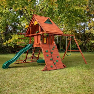 Sun Palace II Wooden Outdoor Playset with Monkey Bars, Wave Slide, Rock Wall, and Backyard Swing Set Accessories