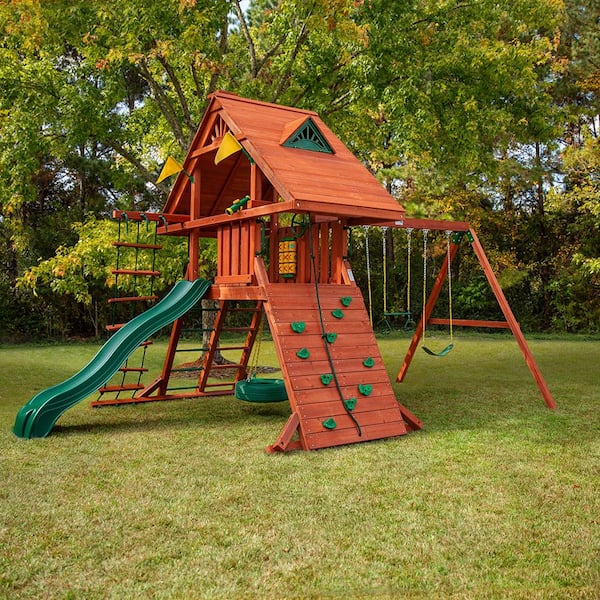 Gorilla Playsets Sun Palace II Wooden Outdoor Playset with Monkey Bars, Wave Slide, Rock Wall, and Backyard Swing Set Accessories