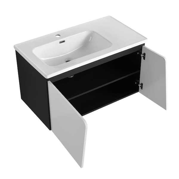Cesicia 36 in. W x 19.9 in. D x 20.06 in. H Single Sink Floating Bathroom Vanity in White Plus Black with White Ceramic Top