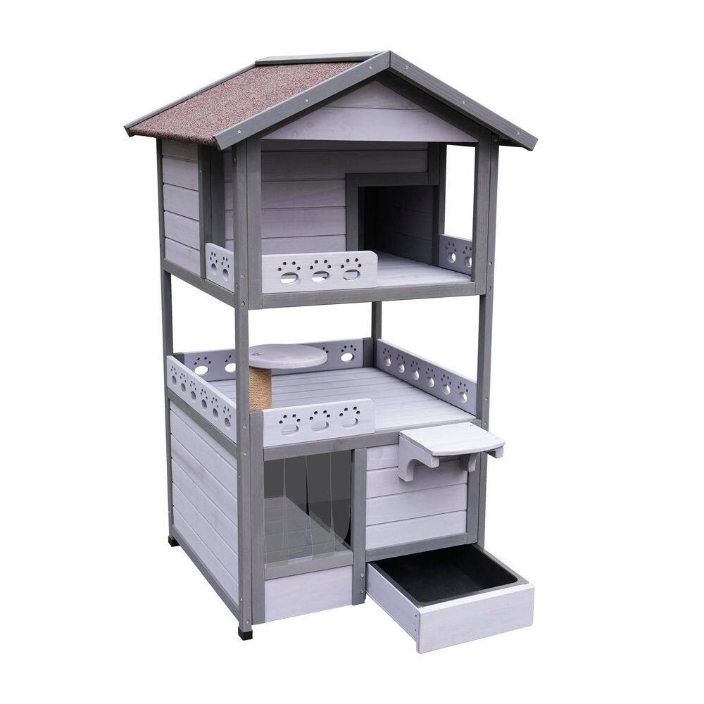 3-Tires Outdoor Solid Wood Cat House Weatherproof in Grey price history on PriceWatchPro
