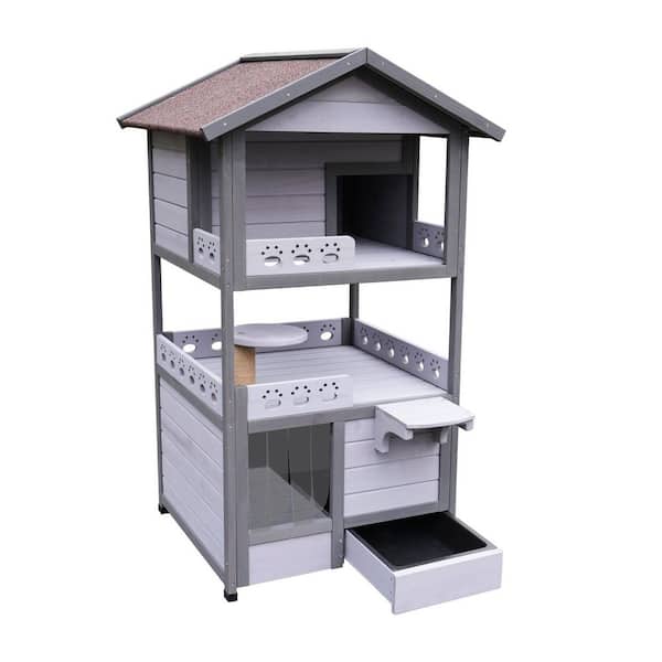 3-Tires Outdoor Solid Wood Cat House Weatherproof in Grey