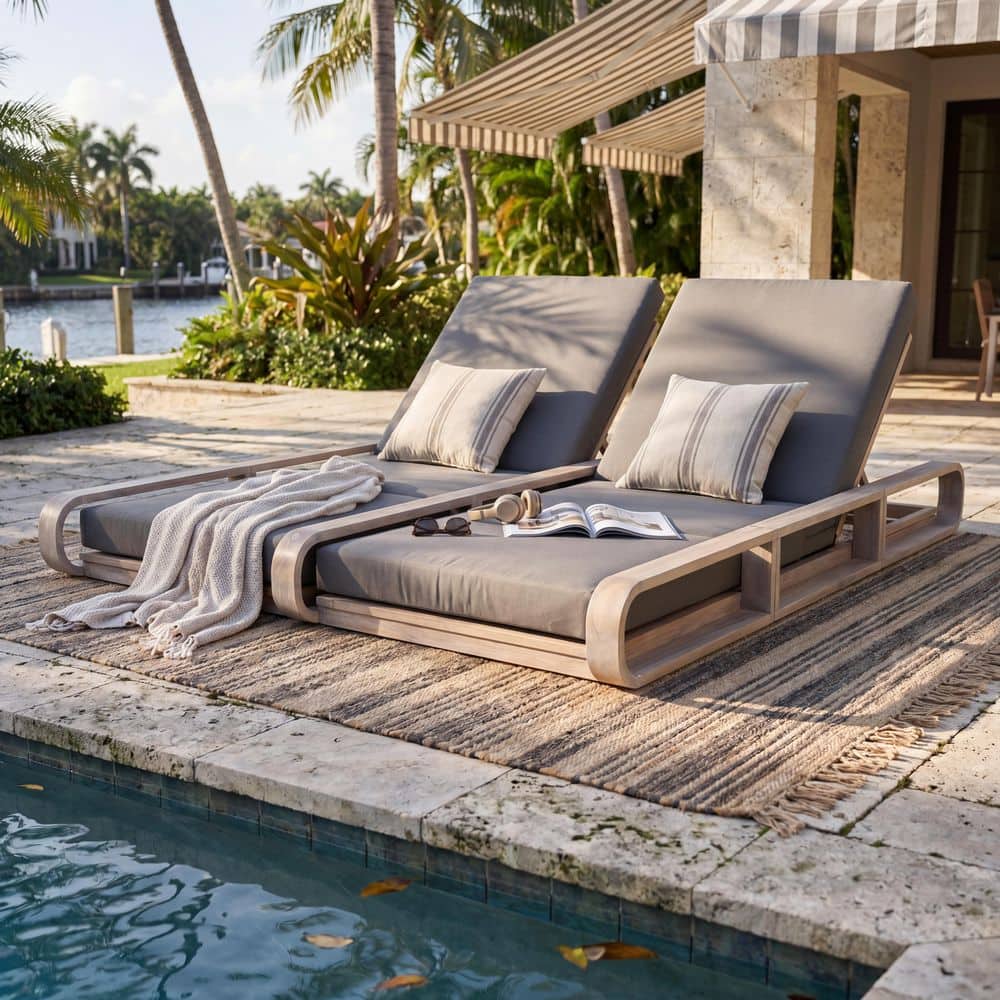 Adero Light White Acacia Wood Outdoor Patio Double Chaise Lounge with Two Dark Grey 3-Fold Cushions price history on PriceWatchPro