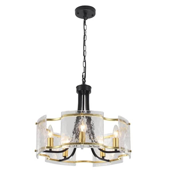 5-Light Dimmable Gold Drum Chandelier with Glass Shade for Living Room Kitchen Island Bedroom with No Bulbs Included
