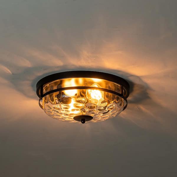 Millikin 13 in. 2-Light Black Flush Mount Industrial Farmhouse Water Stone Glass