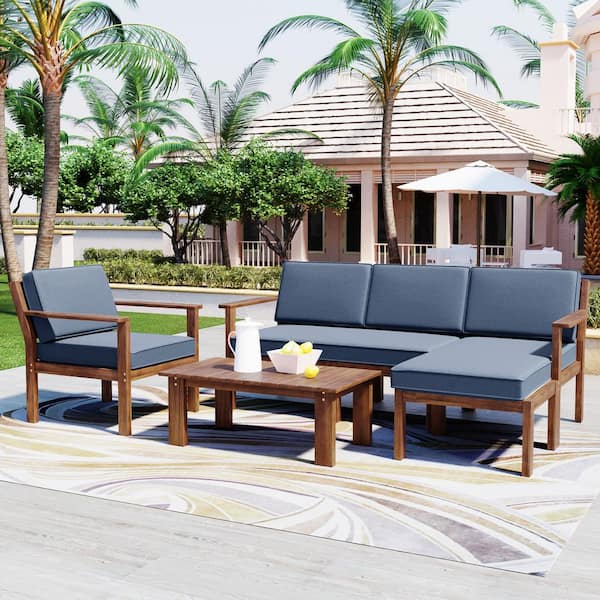 Brown Acacia Wood 4-Piece Patio Outdoor Sectional Sofa Set with Gray Cushions, 1 Coffee Table