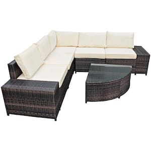 6-Piece Wicker Patio Conversation Set Sectional Sofa Set with Arc-Shaped Table and White Cushions