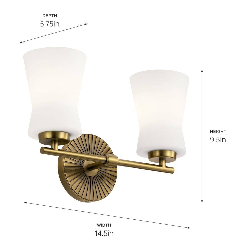Brianne Brushed Brass 2-Light Vanity with Etched Glass Shades