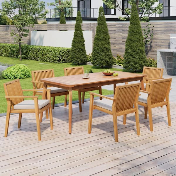 Birchfield Rustic Patio Natural and Teak Finish 7-Piece Solid Wood Rectangle Outdoor Dining Set with Beige Cushions