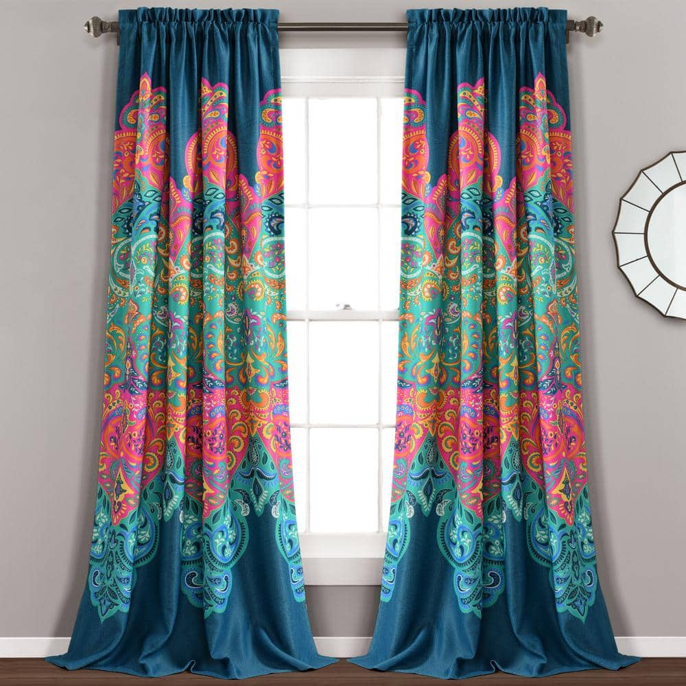 Boho Chic Navy Polyester Blackout Window Panels with Rod Pocket