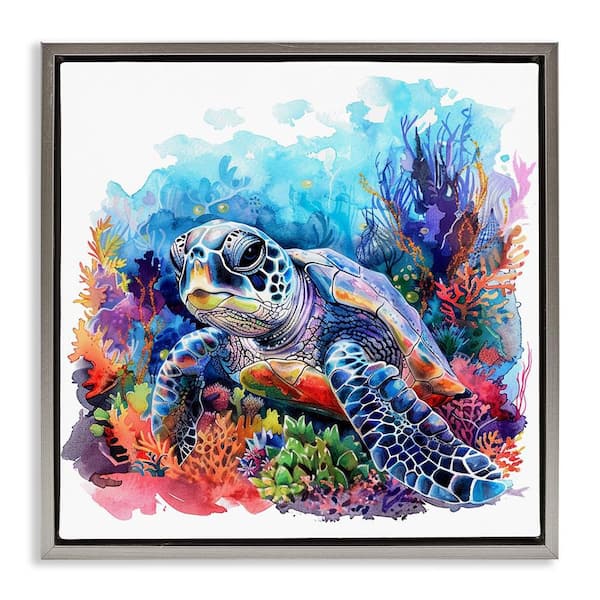 Stupell Industries Undersea Turtle & Coral by LSR Design Studio Gray Floater Frame Animal Graphic Art Print 18 in. x 18 in.