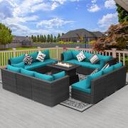 Large Gray 13-Piece 12-Seats Wicker Patio Fire Pit Sofa Set with Light Teal Cushions and 43 in. Fire Pit Table