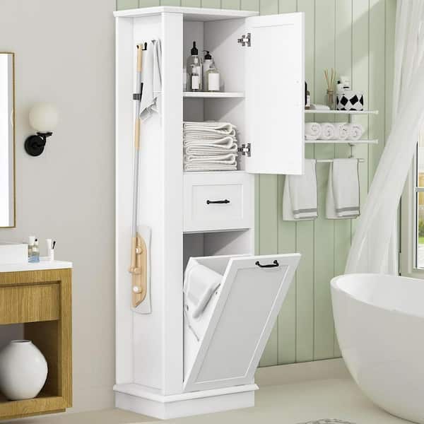 20.3 in. W x 13.8 in. D x 67.8 in. H White Linen Cabinet Storage Cabinet w/ Tilt-Out Compartment, Adjustable Shelves