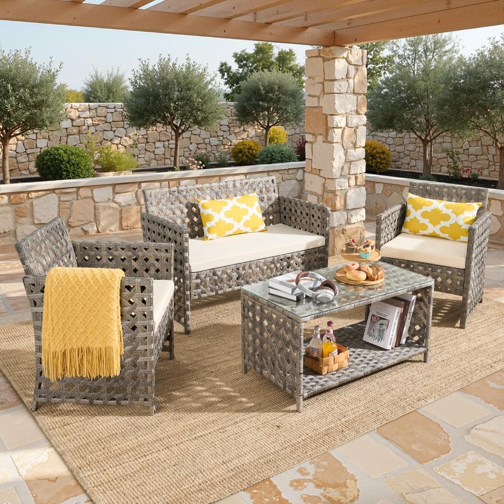 Almeda 4-Piece 4-Seat Modern Gray Wicker Outdoor Patio Conversation Sofa Seating Set with Beige Cushions price history on PriceWatchPro