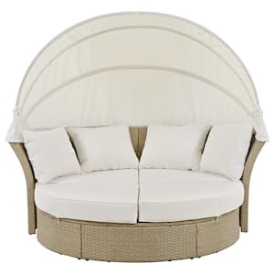 Wicker Patio Outdoor Double Day Bed Round Sofa Furniture Set with Beige Cushions and Retractable Canopy, 4-Pillows