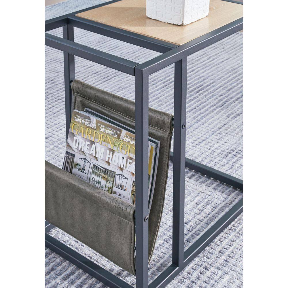 Light Brown and Black Metal Wood End Table with Storage