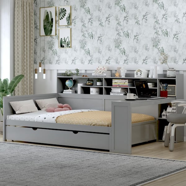 Ruler Gray Full Size Multi-functional Daybed with Storage Shelves, Pull-Out Twin Size Trundle, Study Desk