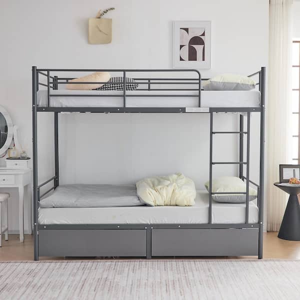 Gray Twin Over Twin Convertible Bunk Bed with 2 Storage Drawers