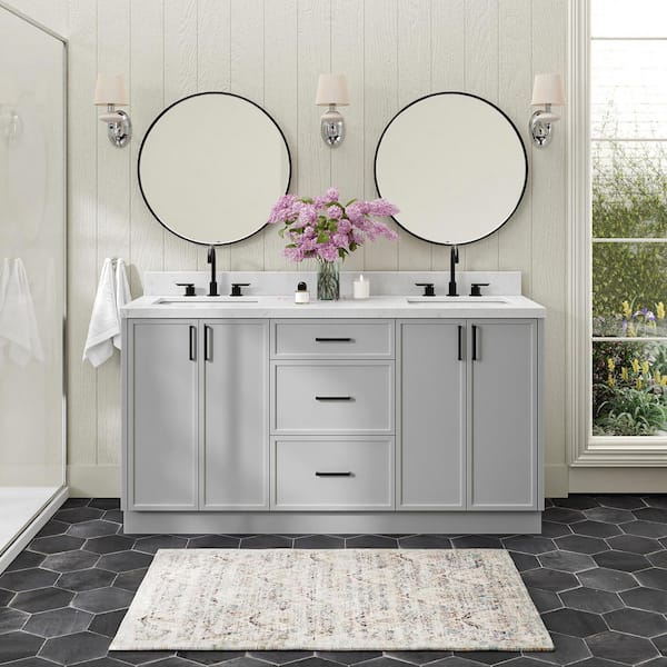 ARIEL Kelly 66 in. W x 22 in. D x 36 in. H Double Bath Vanity in Grey with Carrara White Quartz Top