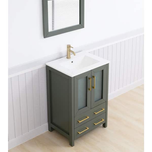 24 in. W x 18.1 in. D x 35.8 in. H Single Basin Vintage Green Bath Vanity with White Ceramic Top and Mirror