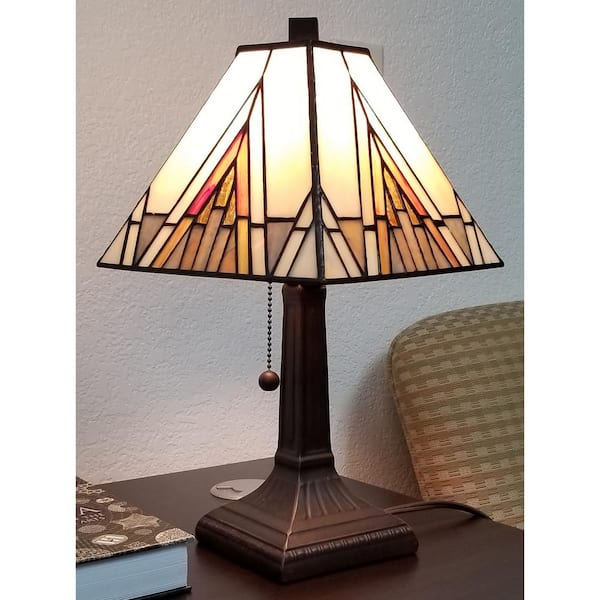 Tiffany 14.5 in. Tan and Ivory Table Lamp with Stained Glass Shade