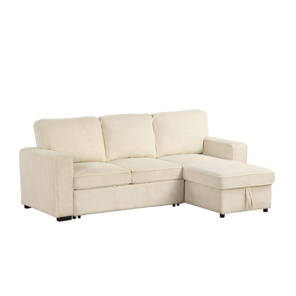 Beige Corduroy Sectional Sofa with Storage and Ottoman