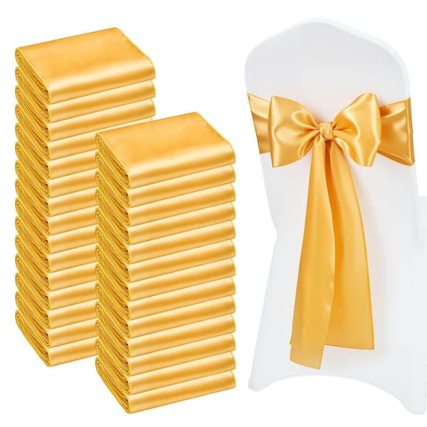 Satin Chair Sashes Bows, 100 Piece Chair Ribbon Ties Back Sash, 7 x 108 in., Gold Cover Wedding Reception Decoration