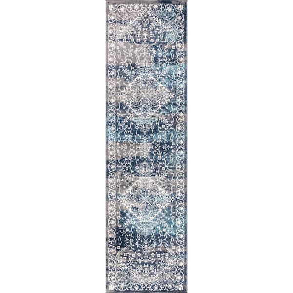 Modern Persian Vintage Medallion Navy /Light Gray 2 ft. x 8 ft. Runner Rug