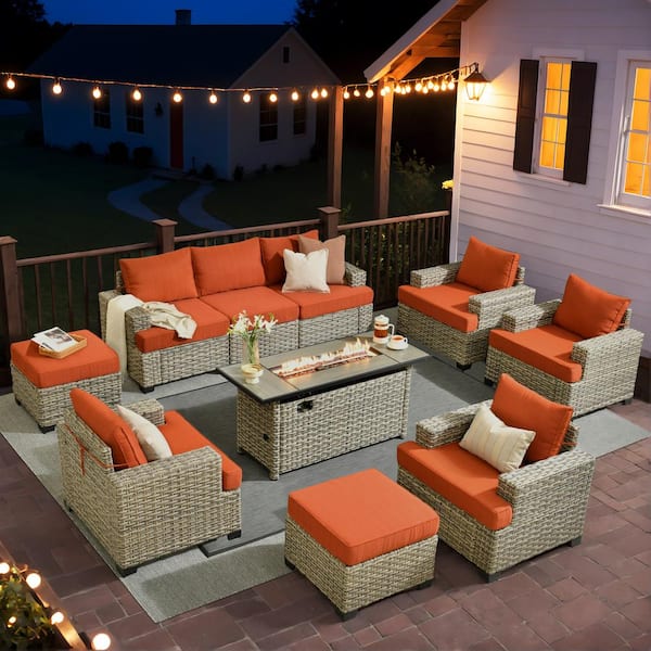 Taylor 10-Piece Wicker Patio Rectangular Fire Pit Set with Orange Red Cushions