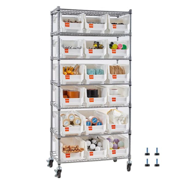 7-Tier Rolling Bin Storage Rack, 18 Organizer Bins, Bin Rack Storage Steel Wire Shelving System with Wheels for Garage