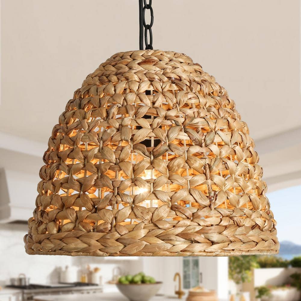 Farmhouse 15 in. 1-Light Brown and Black Pendant Light with Natural Handmade Rattan Shade Island Light for Dining Table price history on PriceWatchPro