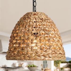 Farmhouse 15 in. 1-Light Brown and Black Pendant Light with Natural Handmade Rattan Shade Island Light for Dining Table