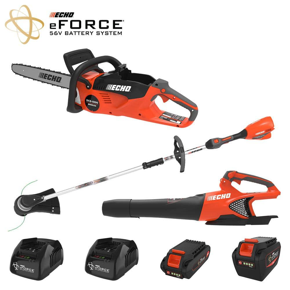 Echo Eforce 56v Cordless Battery String Trimmer Blower And Chainsaw Combo Kit W 25ah And 50ah 8459