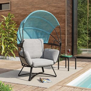 Black Aluminum Outdoor Lounge Chair with Light Gray Cushion and Blue Sun Shade Cover