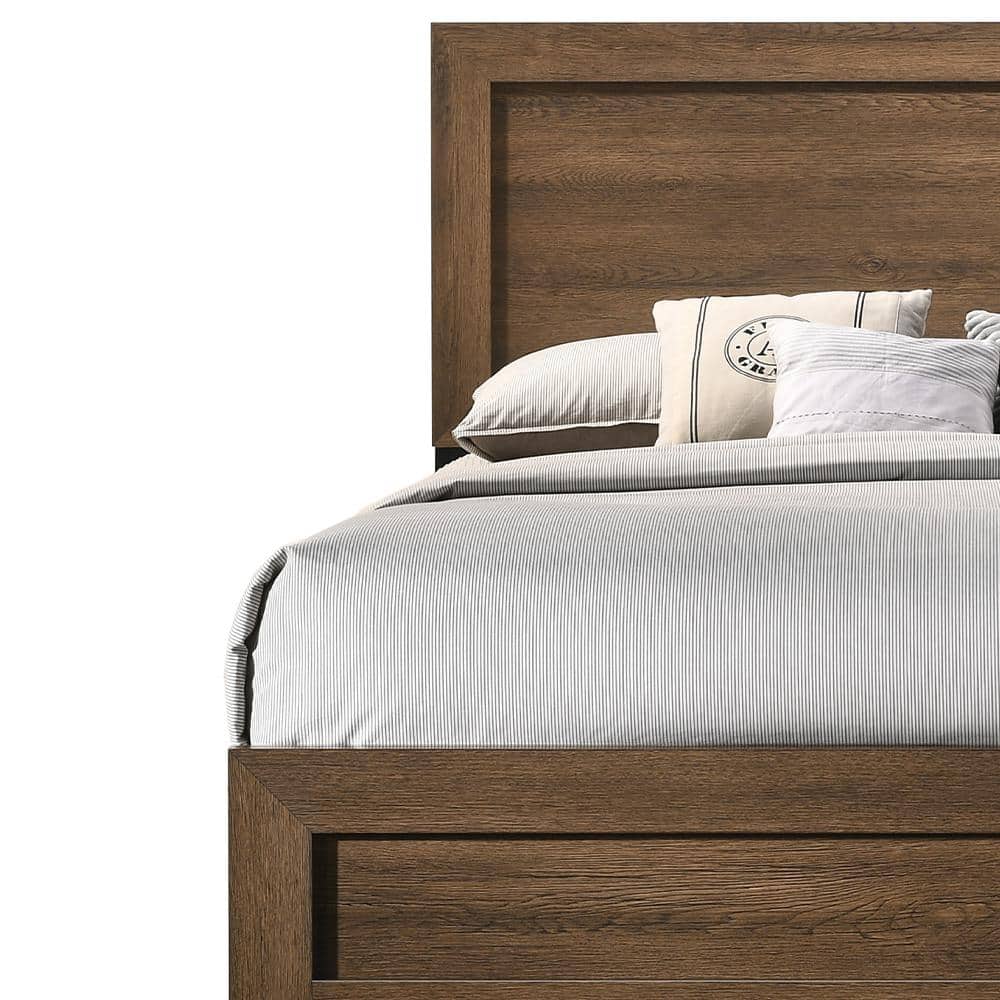 Elegant Oak Queen Bed with Upholstered Headboard and Storage Drawer