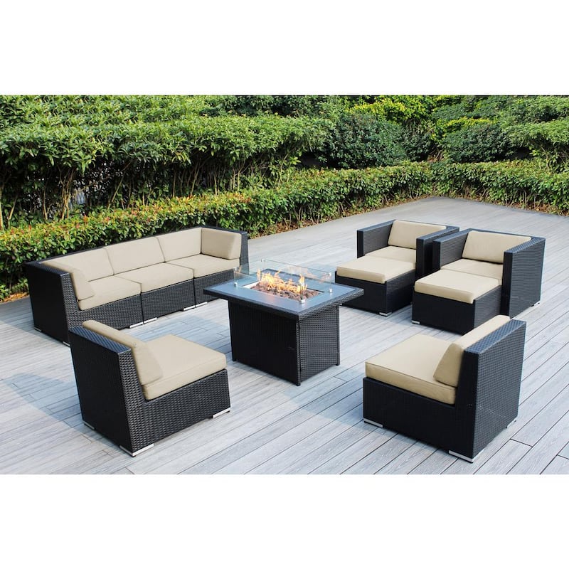 Ohana Black 10 -Piece Wicker Patio Fire Pit Seating Set with Sunbrella Antique Beige Cushions