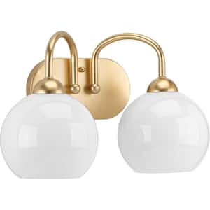 Carisa Collection 15-1/4 in. 2-Light Vintage Gold Opal Glass Mid-Century Modern Bathroom Vanity Light
