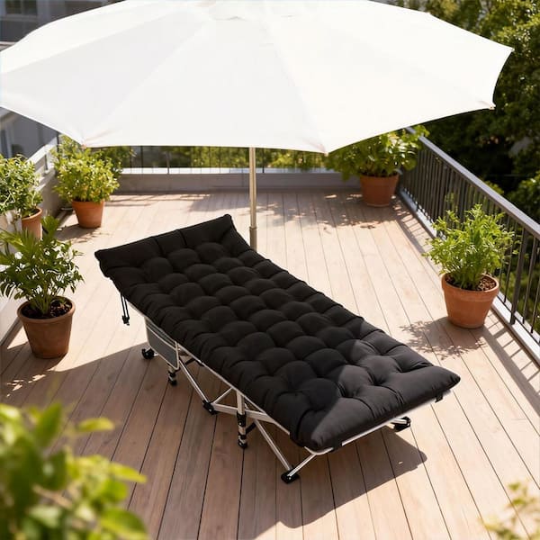 28 in. W Steel Folding Camping Cot Portable Outdoor Sleeping Cot with Soft Detachable Black Cushions