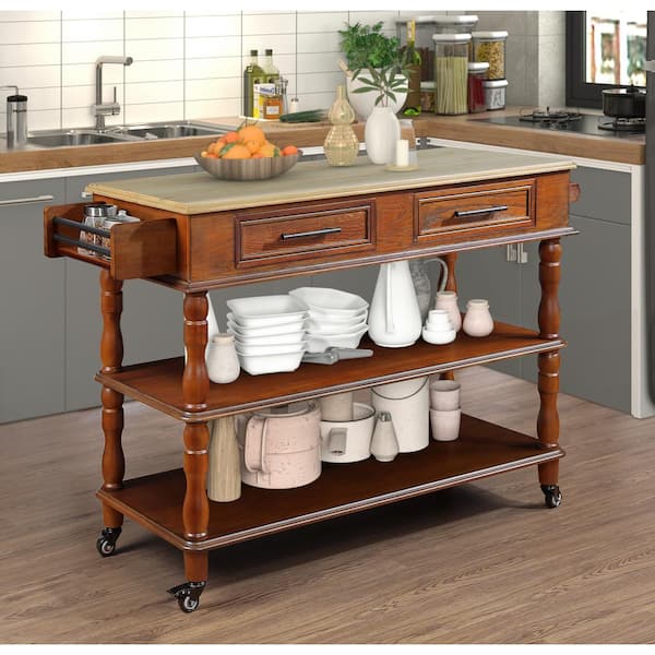 Unbranded 56 in. Rolling Outdoor Grill Cart with Solid OAK Wood Top, Wine and Spice Rack, 2-Sided on Wheels